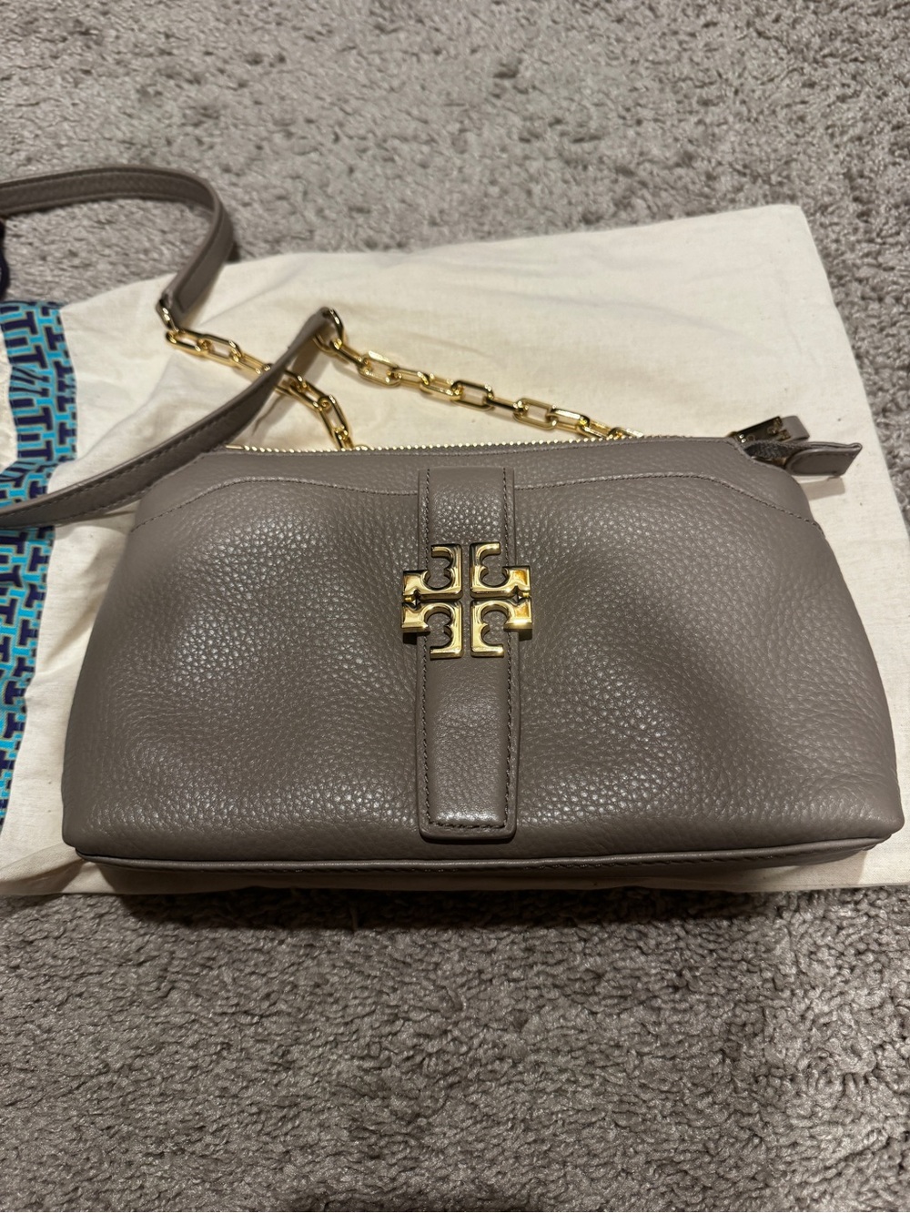 Tory Burch Gray Pebbled Leather Crossbody with Gold Logo Chain